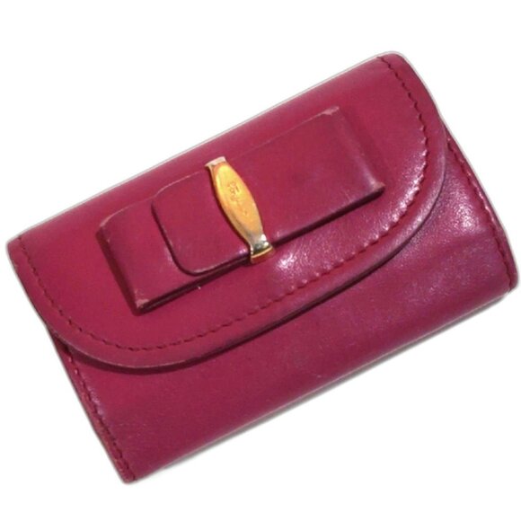 Salvatore Ferragamo Pink Leather Vara Bow 6-Key Holder Wallet Gold Accent 4x2.5" - Picture 1 of 12